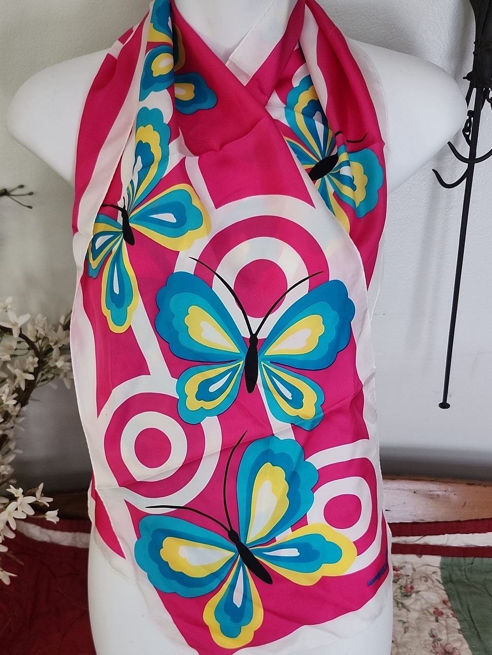 Adrienne Landau Pink Butterfly with Teal and Yellow Accents Silk Scarf